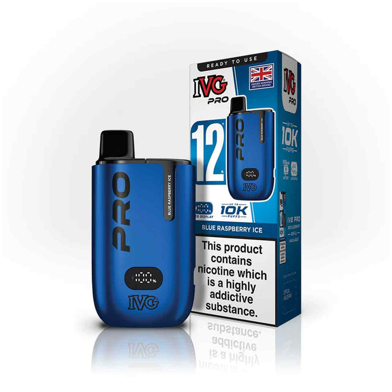 IVG Pro 12 blue raspberry ice vaping device and packaging on a white background