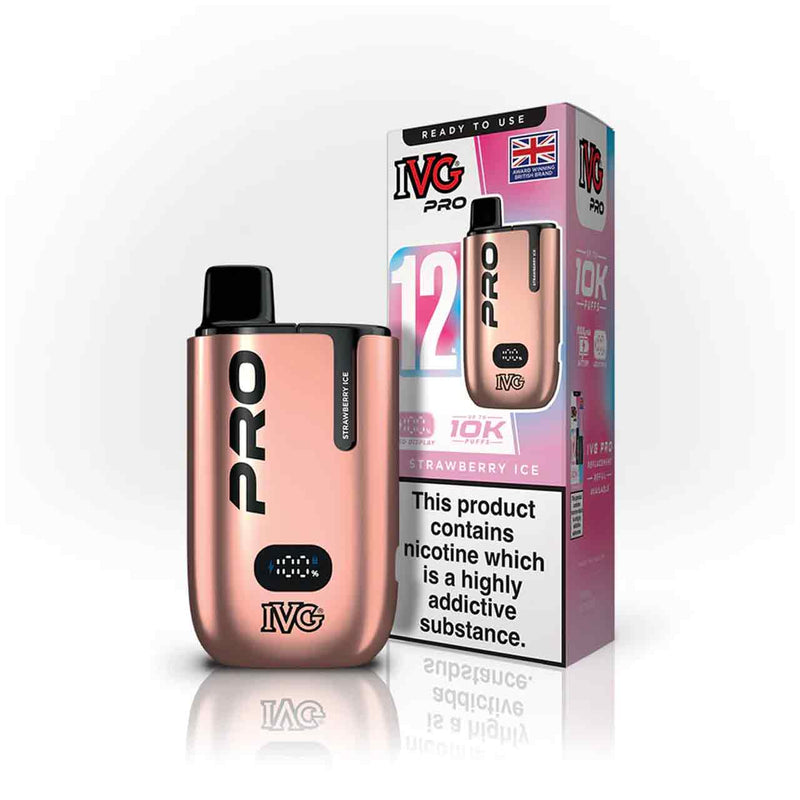 IVG Pro 12 strawberry ice vaping device and packaging on a white background
