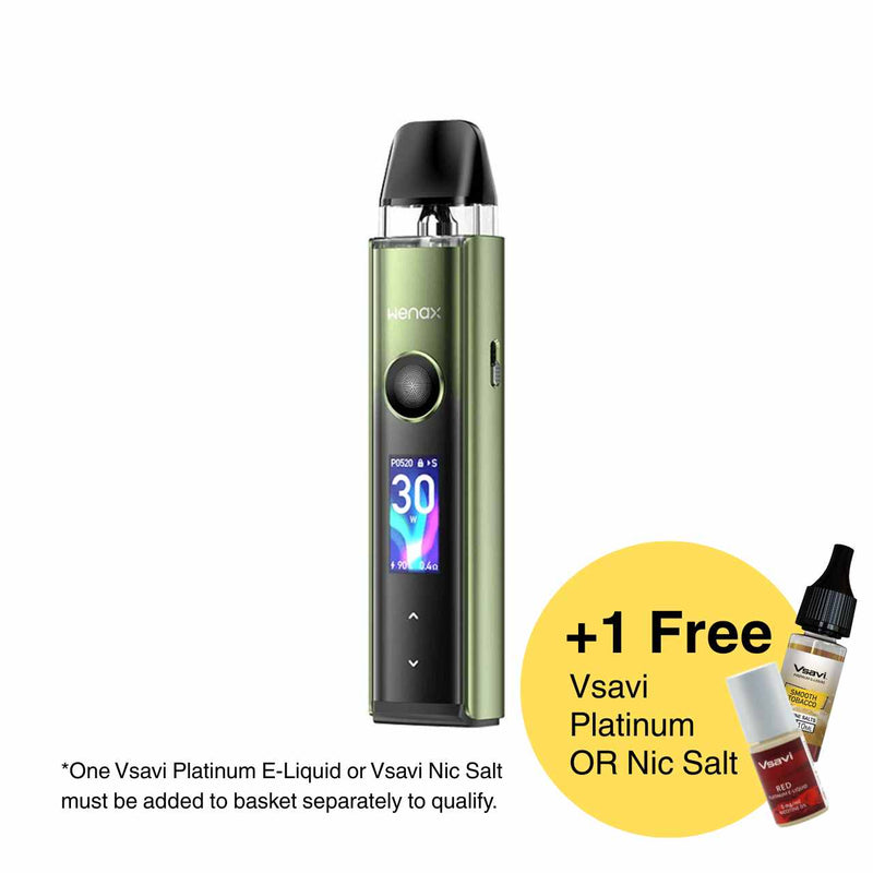 Geekvape Wenax Q Pro with a promotional offer for free Vsavi Platinum e-liquid on a white background