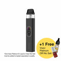 Black Vaporesso Xros 4 with a promotional offer for free Vsavi Platinum e-liquid on a white background