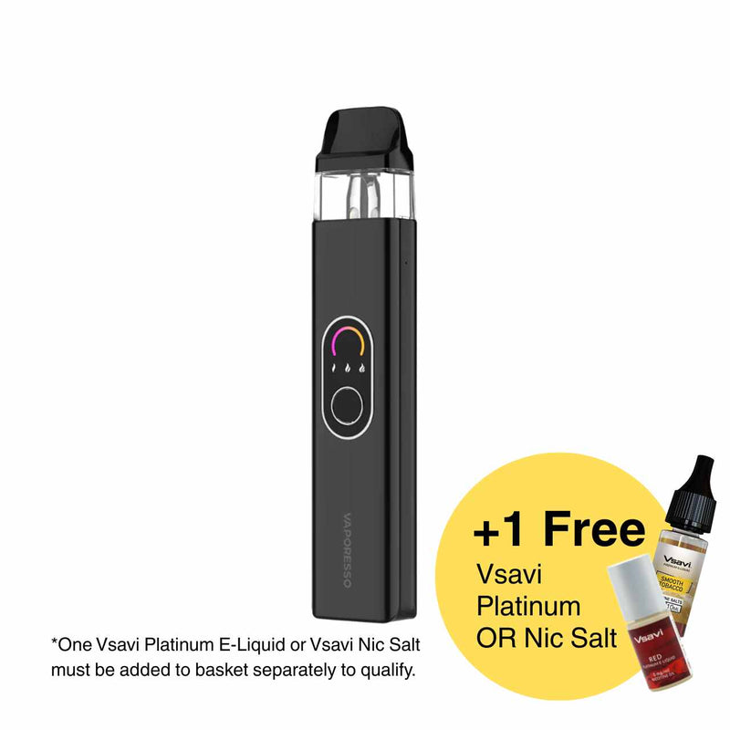 Black Vaporesso Xros 4 with a promotional offer for free Vsavi Platinum e-liquid on a white background