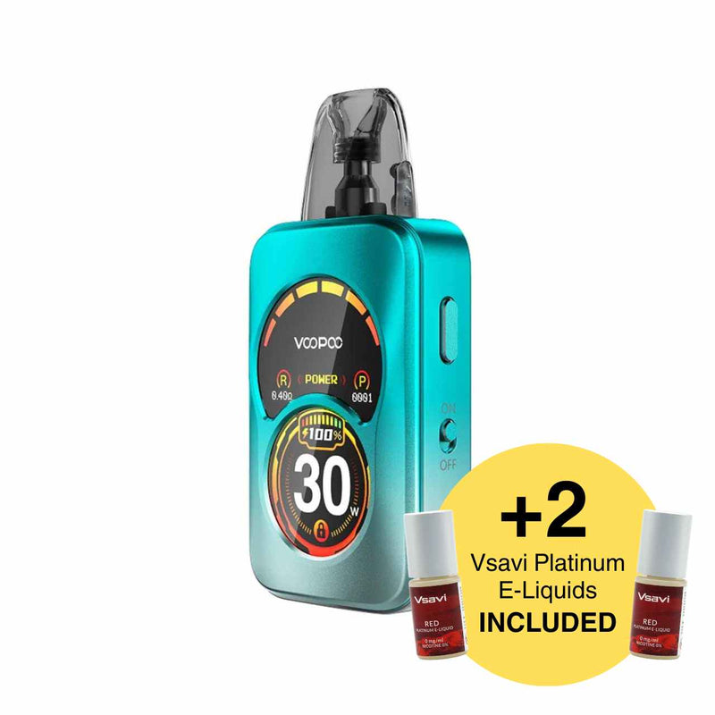 Vape device with e-liquid bottles on a white background