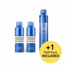 Three blue vape devices with a yellow circle indicating an additional refill pack included on a white background.