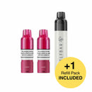 Vape device with two cherry-flavored refills and a yellow circle indicating an included refill pack on a white background.