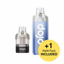 Two vape devices with 'dojo' branding and a yellow circle indicating an included refill pack on a white background.