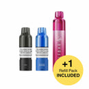 Three vaping devices with labels and a yellow circle indicating an included refill pack on a white background.