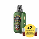 Green vape device with digital display and two included e-liquid bottles on a white background