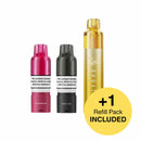 Three vape devices with a yellow circle indicating an additional refill pack included on a white background.