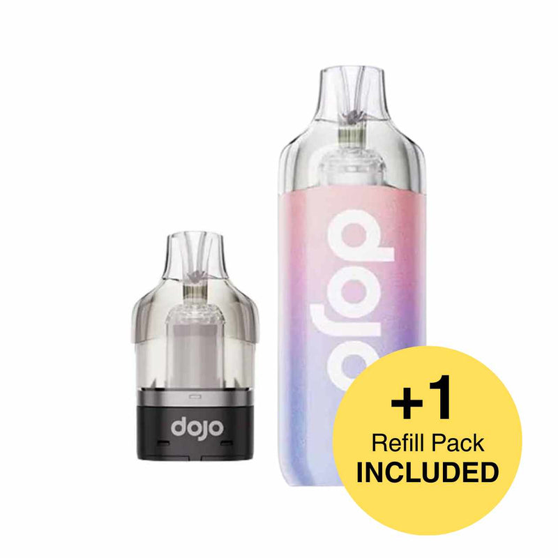 Two vape devices with 'dojo' branding and a yellow circle indicating a refill pack included on a white background.