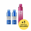 Vape device with blue and pink refills and a yellow circle indicating an included refill pack on a white background.