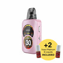 Pink vape device with digital display and two small bottles of e-liquid on a white background