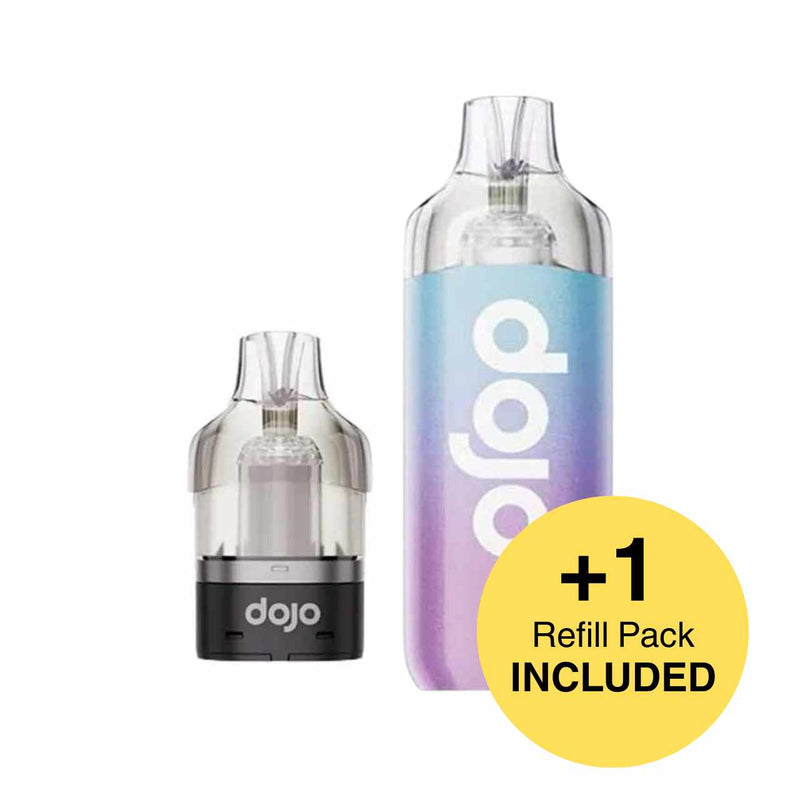 Two 'dojo' branded vape devices with a yellow circle indicating an included refill pack on a white background.