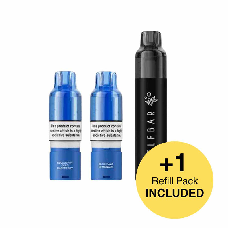 Vape device with two blue refills and a yellow circle indicating an additional refill pack included, on a white background.