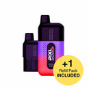 Two electronic devices with a yellow circle indicating an included refill pack on a white background