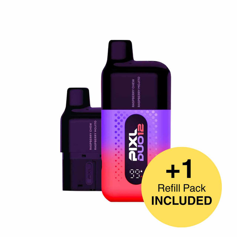 Two electronic devices with a yellow circle indicating an included refill pack on a white background