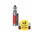 Red and silver vape device with two Vsavi Platinum e-liquids on a white background