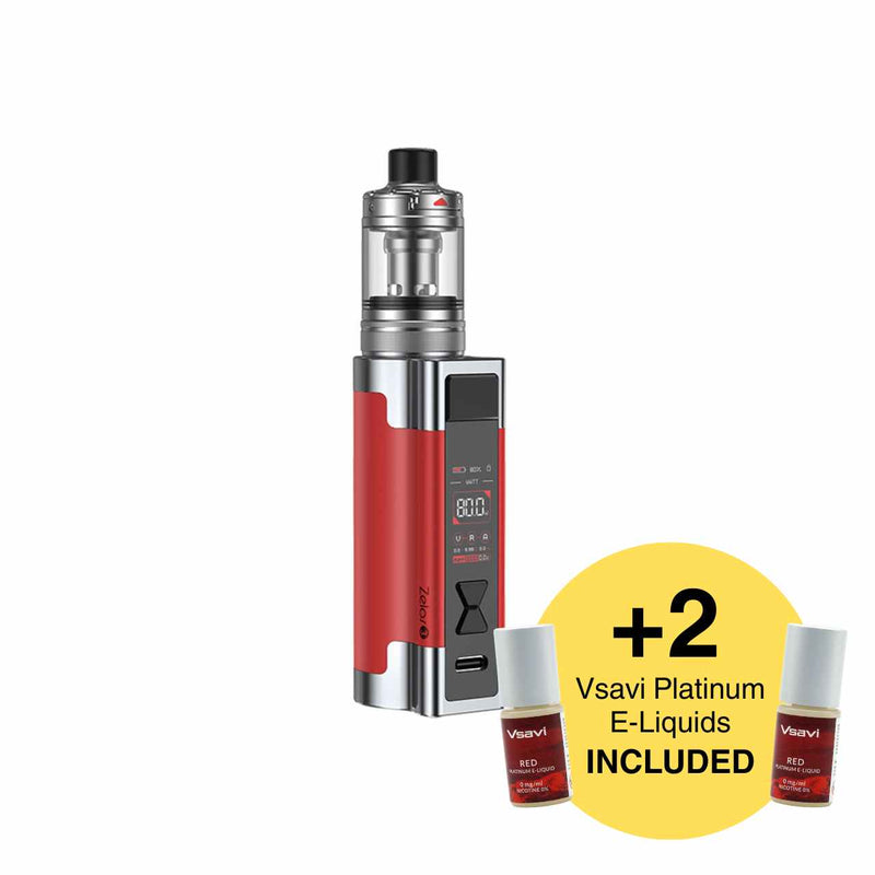 Red and silver vape device with two Vsavi Platinum e-liquids on a white background
