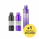 Vape device with accessories and a yellow circle indicating an included refill pack on a white background