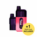 Pink and black electronic device with 'PIXL DUO' branding and a yellow circle indicating an included refill pack on a white background.