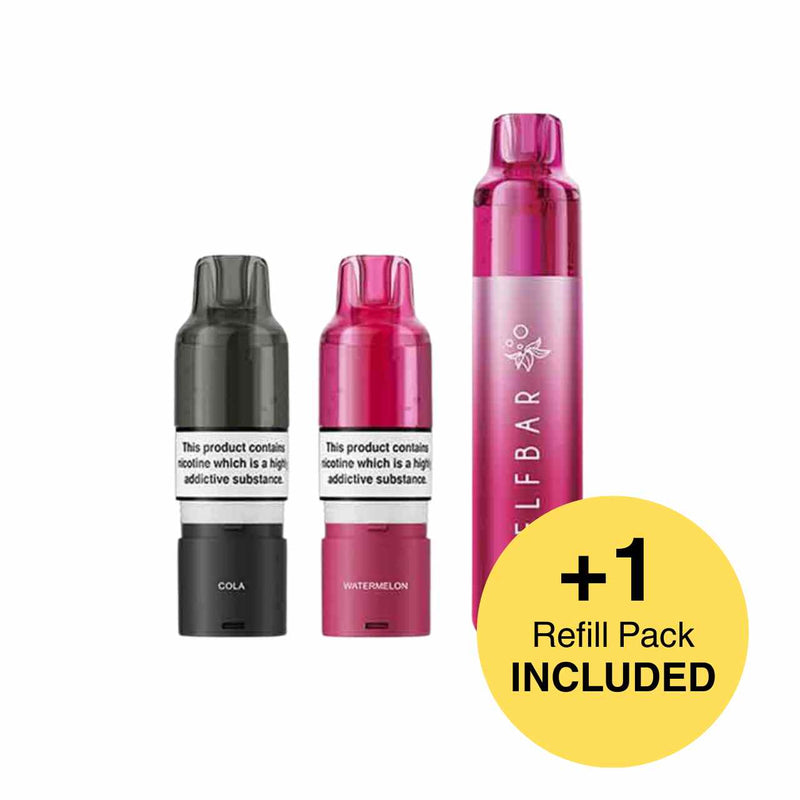 Three vape devices with different flavors and a yellow circle indicating an included refill pack on a white background.