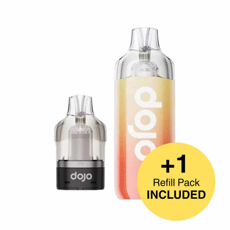 Two vape devices with 'dojo' branding and a yellow circle indicating an included refill pack on a white background.