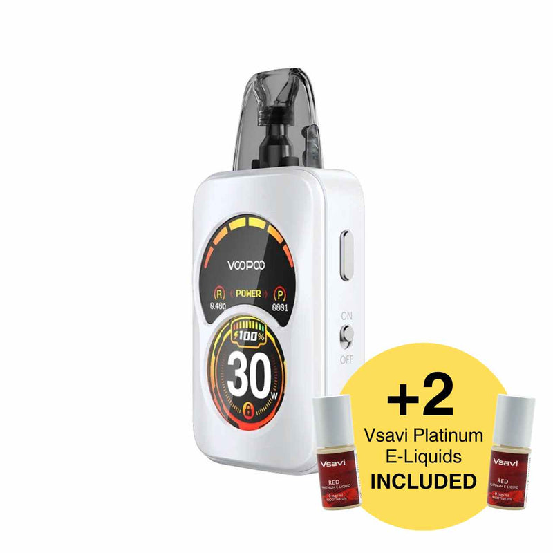 Vape device with VOOPOO branding and two e-liquid bottles included on a white background