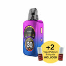 Vape device with a purple and blue design, featuring VooPoo branding, on a white background with a yellow circle highlighting '2 Vsavi Platinum E-Liquids Included'.