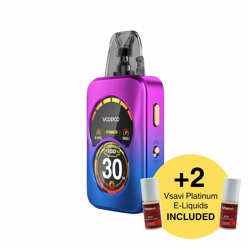Vape device with a purple and blue design, featuring VooPoo branding, on a white background with a yellow circle highlighting '2 Vsavi Platinum E-Liquids Included'.