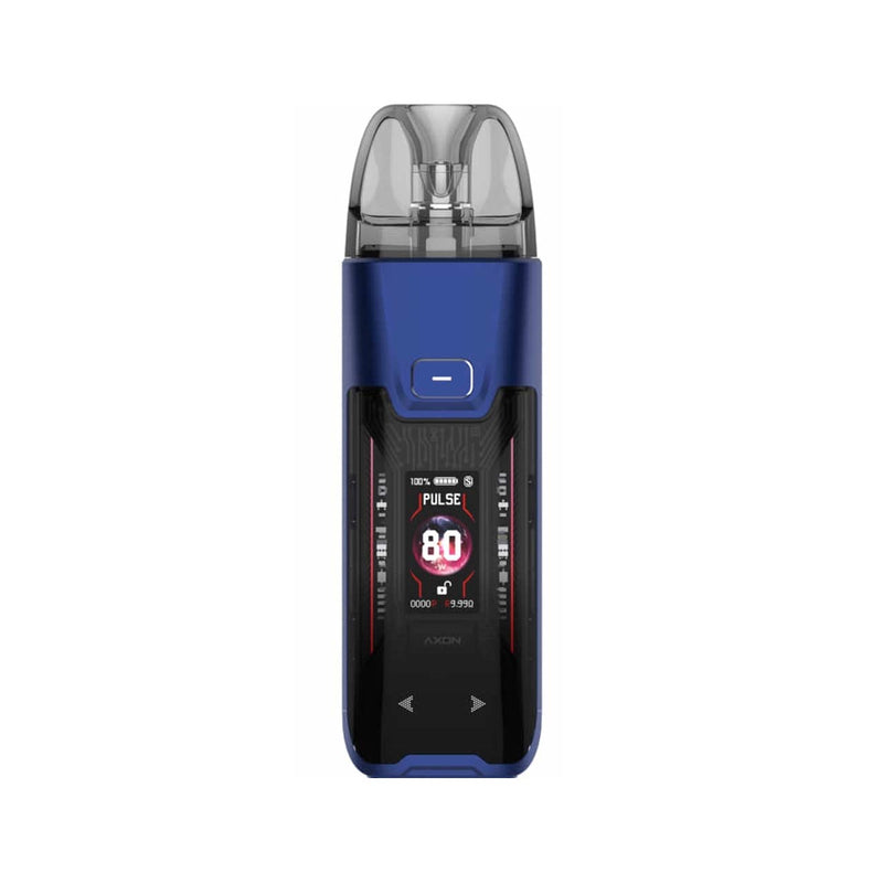 Blue Vaporesso Luxe XR Max 2 device with digital display on a white background
