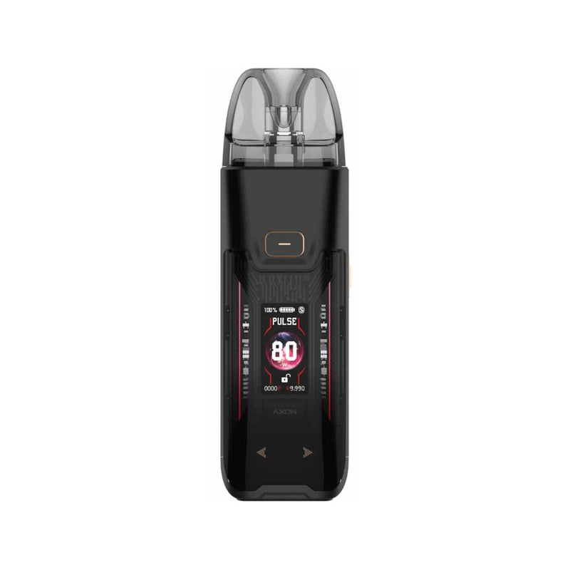 Dark Black Leather Vaporesso Luxe XR Max 2 device with digital display on a white background
