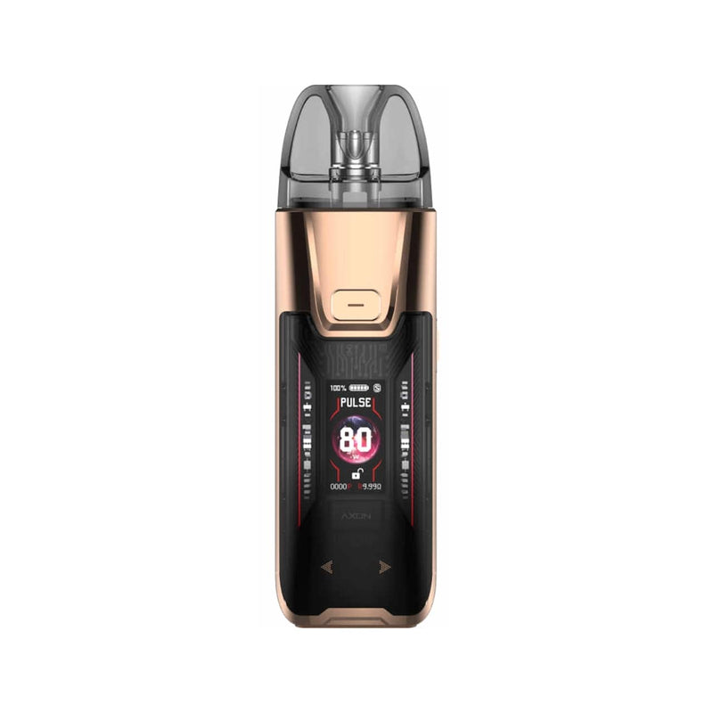 Imperial Red Leather Vaporesso Luxe XR Max 2 device with digital display on a white background
