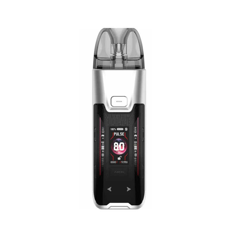 Silver Vaporesso Luxe XR Max 2 device with digital display on a white background
