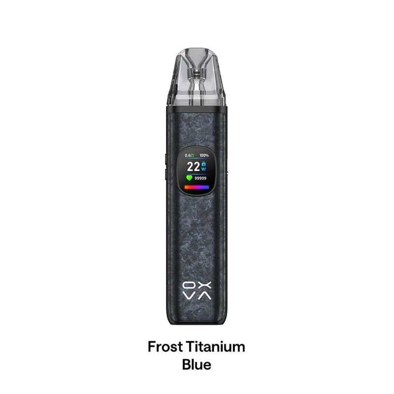 Oxva Xlim Pro 2 DNA vape with digital display on a white background, labeled 'Frost Titanium Blue'.