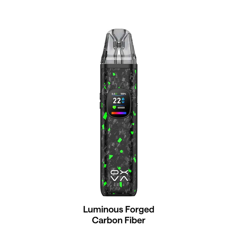 Oxva Xlim Pro 2 DNA vape with digital display on a white background, labeled 'Luminous Forged Carbon Fiber'.