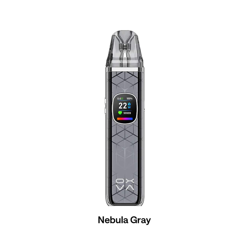 Oxva Xlim Pro 2 DNA vape with digital display on a white background, labeled 'Nebula Gray'.