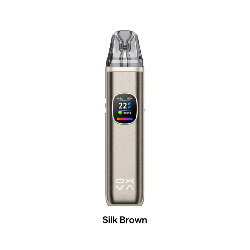 Oxva Xlim Pro 2 DNA vape with digital display on a white background, labeled 'Silk Brown'.