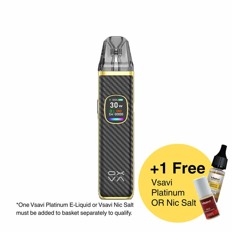 Oxva Xlim Pro 2 with carbon fiber design and gold accents on a white background, featuring a promotional offer for Vsavi Platinum or Nic Salt.