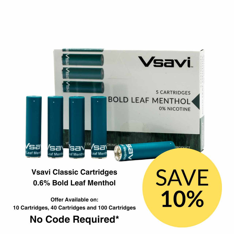 Vsavi Bold Leaf Menthol Cartridges packaging with promotional offer on a white background