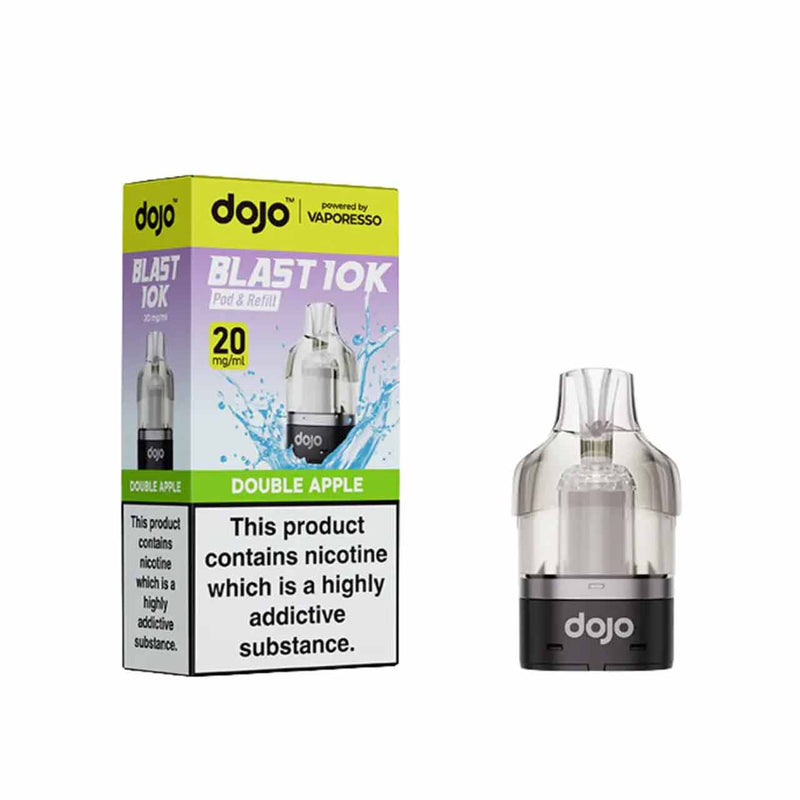Vaporesso Dojo Blast 10K pod and packaging white background double apple