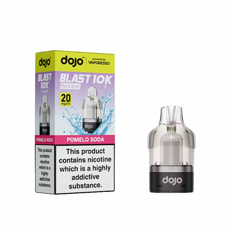 Vaporesso Dojo Blast 10K pod and packaging white background pomelo soda