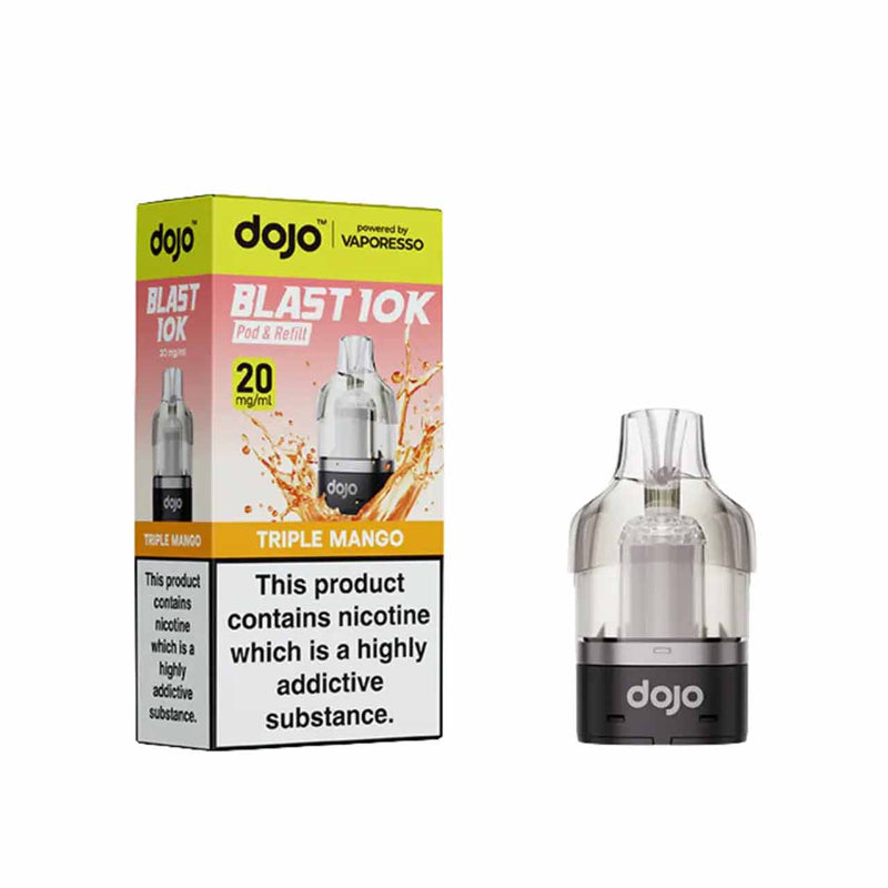 Vaporesso Dojo Blast 10K pod and packaging white background triple mango