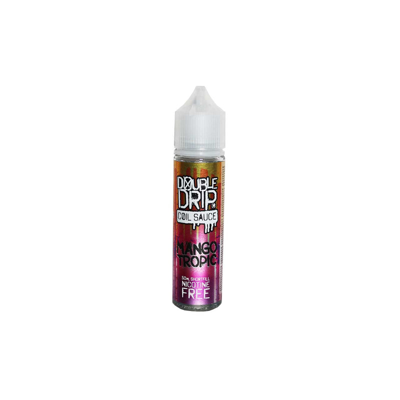 Bottle of Double Drip Mango Tropic vape juice with a colorful label on a white background