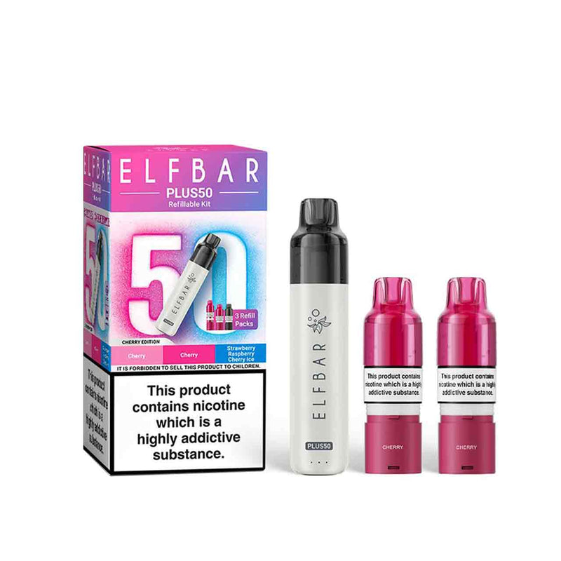 Elf Bar Plus 50 cherry edition kit, pods and packaging white background blue edition