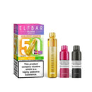 Elf Bar Plus 50 juicy edition kit, pods and packaging white background blue edition