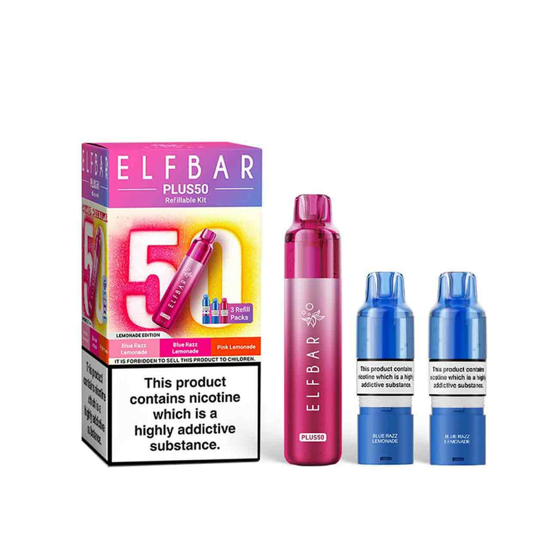 Elf Bar Plus 50 lemonade edition kit, pods and packaging white background blue edition