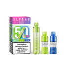 Elf Bar Plus 50 mint edition kit, pods and packaging white background blue edition