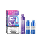 Elf Bar Plus 50 purple edition kit, pods and packaging white background blue edition