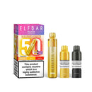 Elf Bar Plus 50 yellow edition kit, pods and packaging white background blue edition