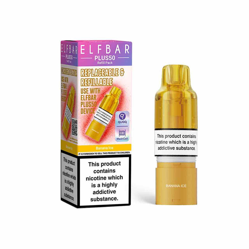 Elf Bar Plus 50 refill pod and packaging white background banana ice