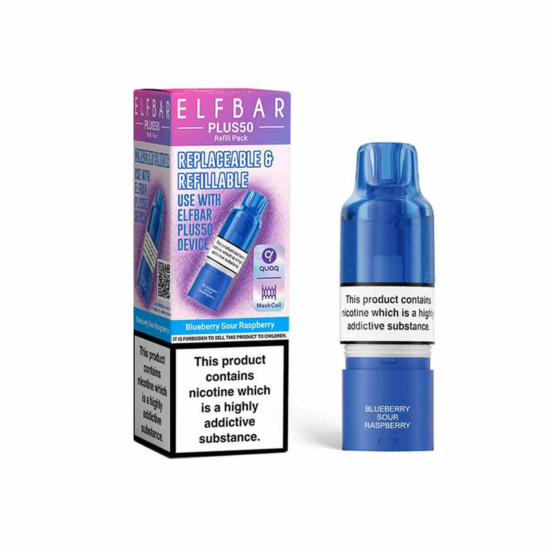 Elf Bar Plus 50 refill pod and packaging white background blue sour raspberry
